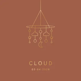 Geboortekaartje roestkleur met gouden mobile