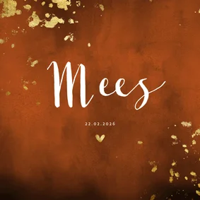 Geboortekaartje roestkleurige waterverf gouden spetters