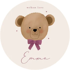 Geboortekaartje rond teddybeer met paarse strik