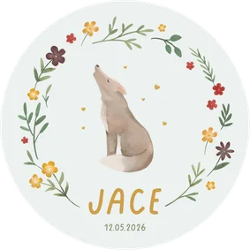 Geboortekaartje rond wolfje bloemen vogel lief lente