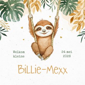 Geboortekaartje schattige luiaard dieren jungle waterverf 
