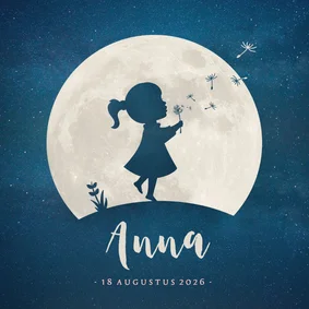 Geboortekaartje silhouet meisje paardenbloem en maan