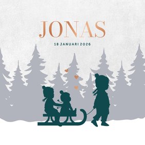 Geboortekaartje slee met zusjes en baby jongen