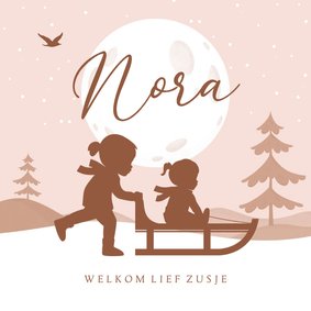 Geboortekaartje slee sneeuw winter silhouet maan zusje