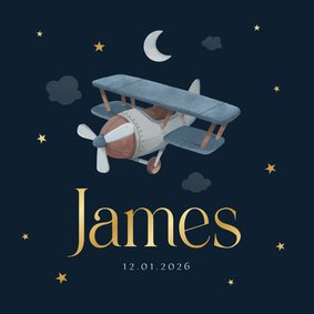 Geboortekaartje stoer vintage vliegtuig sterren goud