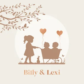 Geboortekaartje tweeling in kruiwagen met zusje 