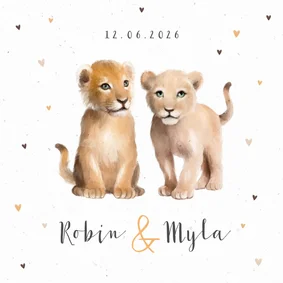 Geboortekaartje tweeling leeuw hartjes