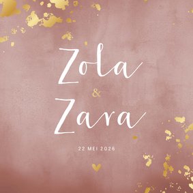 Geboortekaartje tweeling oudroze waterverf gouden spetters