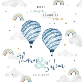 Geboortekaartje tweeling wolkje luchtballon regenboog jongen