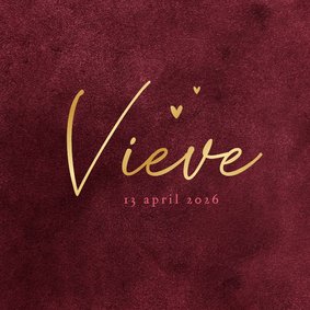 Geboortekaartje velvet look robijn rood hartje goud