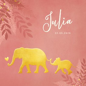 Geboortekaartje voor een meisje Jungle met gouden olifant 