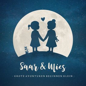 Geboortekaartje voor een meisjes tweeling silhouette in maan