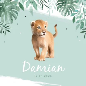 Geboortekaartje welpje leeuw jungle bladeren illustratie