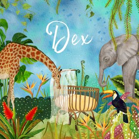 Geboortekaartje wiegje in de jungle tussen de dieren