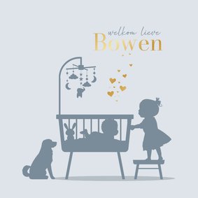 Geboortekaartje wiegje met baby en zusje blauw