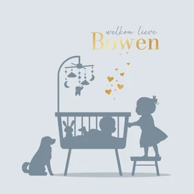 Geboortekaartje wiegje met baby en zusje blauw