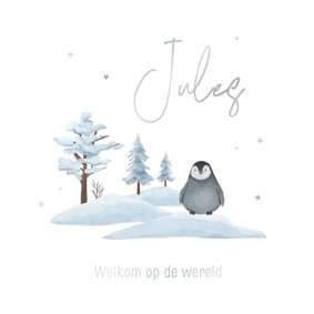 Geboortekaartje winter illustratie pinguïn sneeuw zilver