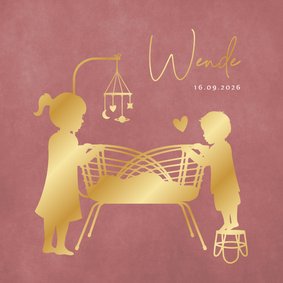 Geboortekaartje zusje in wiegje met grote zus en broer