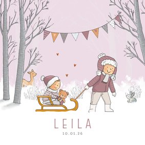 Geboortekaartje zusje trekt slee met baby meisje