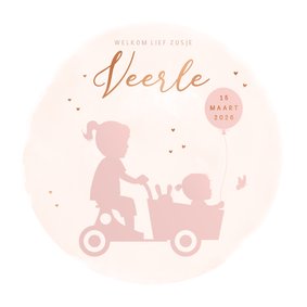Geboortekaartje zusjes in houten bakfiets watercolor