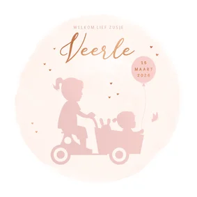 Geboortekaartje zusjes in houten bakfiets watercolor