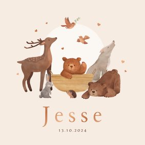 Geboortekaartjes bosdieren herfst wiegje illustratie