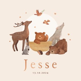 Geboortekaartjes bosdieren herfst wiegje illustratie