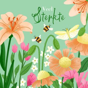 Geïllustreerde sterkte kaart met bloemen en hommels