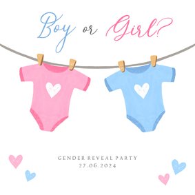 Gender reveal party uitnodiging met rompers en hartjes