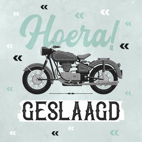 Geslaagd kaart felicitatie motor rijbewijs vintage stoer