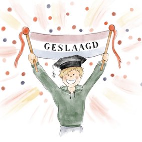 Geslaagd kaart jongen met afstudeerhoed en confetti