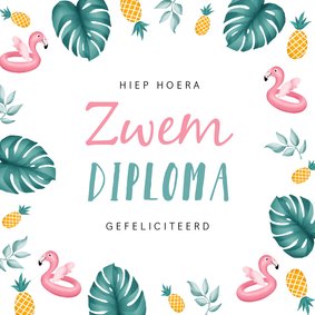 Geslaagd zwemdiploma felicitatie flamingo ananas meisje