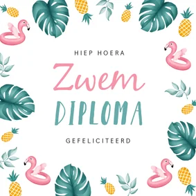 Geslaagd zwemdiploma felicitatie flamingo ananas meisje