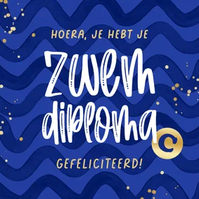Geslaagd zwemdiploma golven water blauw typografisch goud