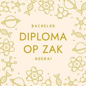 Geslaagdkaart diploma op zak met wetenschappelijk thema geel