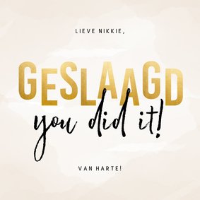 Geslaagdkaart met naam waterverf en goud you did it