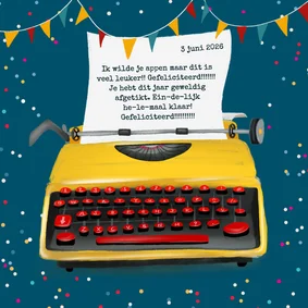 Geslaagdkaart met typemachine en vlaggetjes