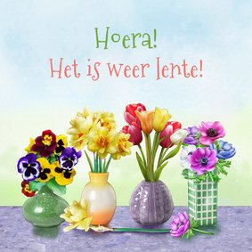 Gezellige bloemenkaart met 4 vaasjes met getekende bloemen