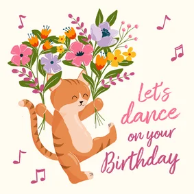 Gezellige verjaardagskaart met dansende kat met bloemen