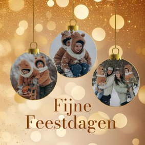 Gouden kerstkaartjes met foto in kerstbal vorm en glitters