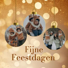 Gouden kerstkaartjes met foto in kerstbal vorm en glitters