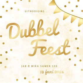 Gouden uitnodigingen dubbel feest met vlaggetjes en confetti