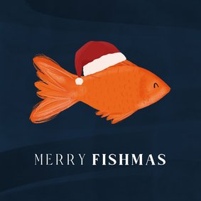 Grappig kerstkaartje Merry Fishmas met vis en kerstmuts