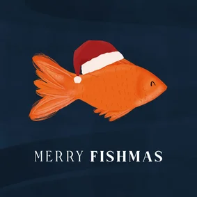 Grappig kerstkaartje Merry Fishmas met vis en kerstmuts