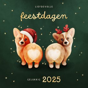 Grappig kerstkaartje met twee corgis en hartjes