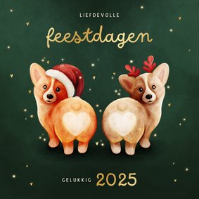 Grappig kerstkaartje met twee corgis en hartjes