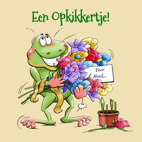 Grappig opkikkertje met bos vers geplukte bloemen