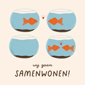 Grappig verhuiskaartje samenwonen visjes in een kom