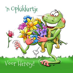 grappige beterschapskaart opkikker met bos bloemen