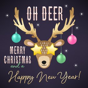 Grappige kerstkaart hert Oh Deer kerstballen sterren